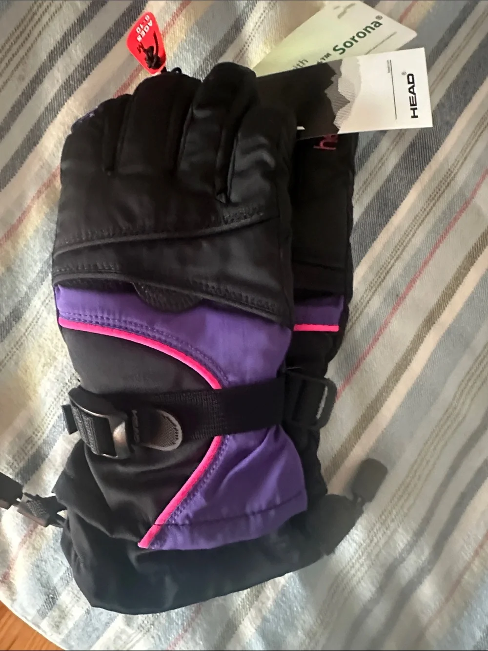 HEAD Kids Black Purple lined gloves with Pink and purple Trim